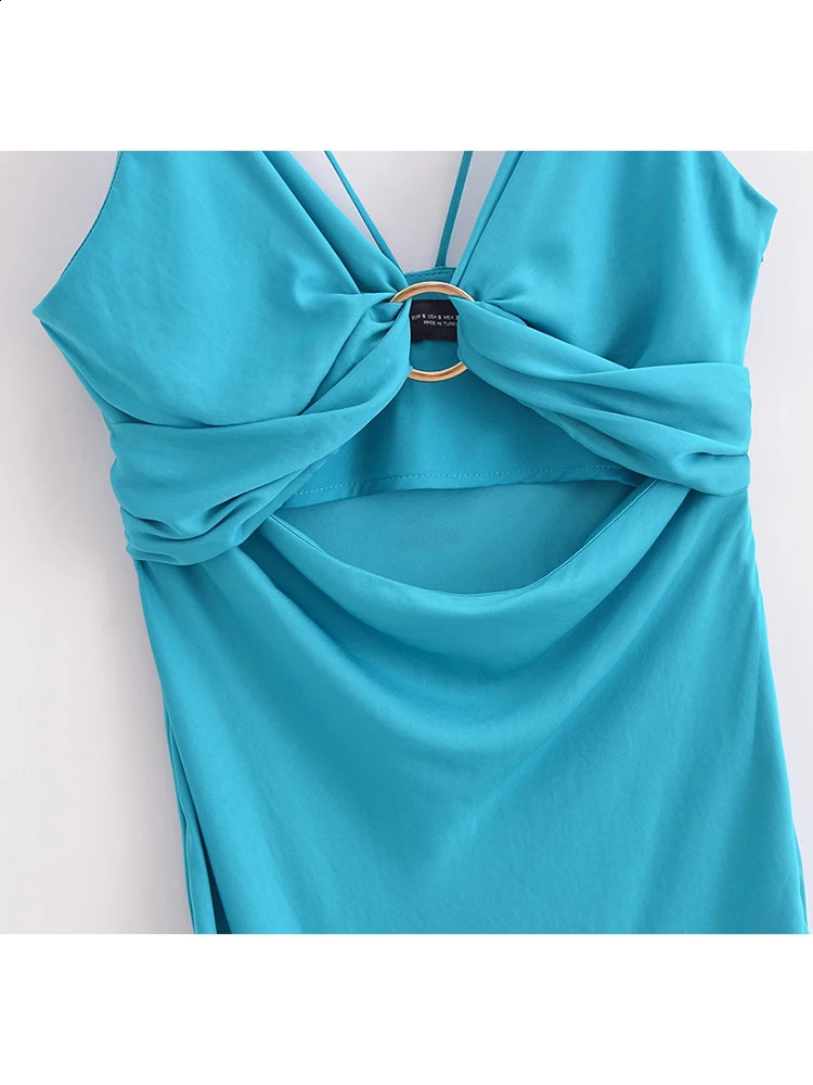 TRAF Sexy Satin Lace Up Hollow Out Dres Slim Sleeveless Backless Party Dresses Female 2024 Summer Lady Robe 240905