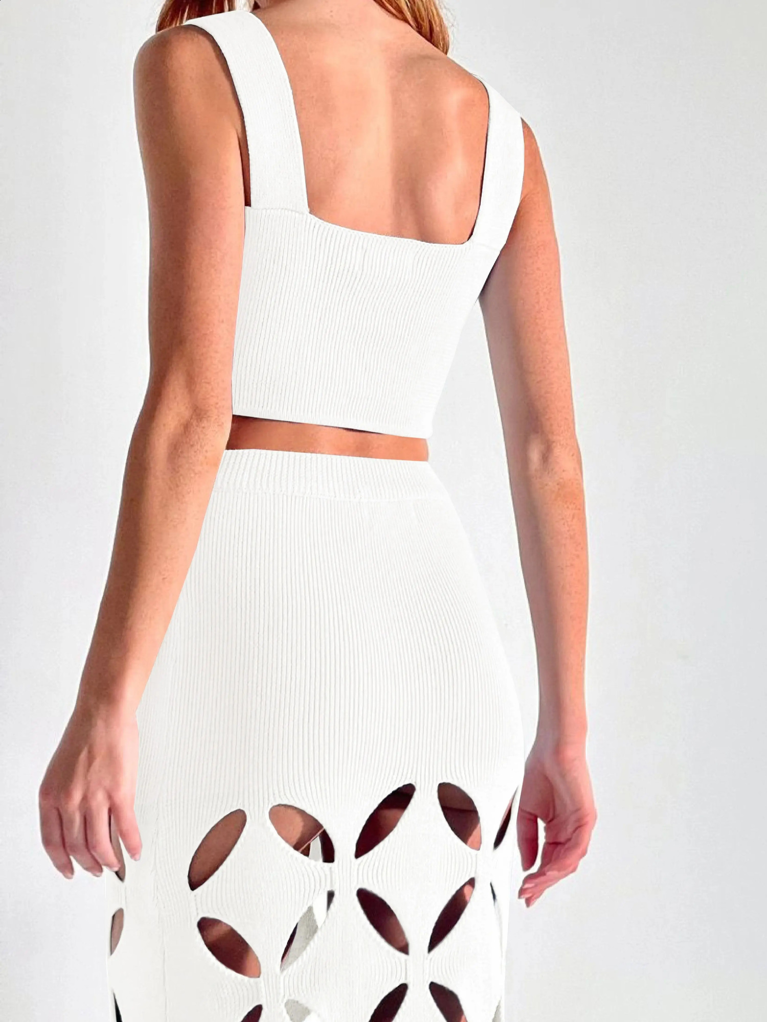 2024 Hollow Pants Set Womens Top Sexy Knitted Short Wide Street Clothing 240717