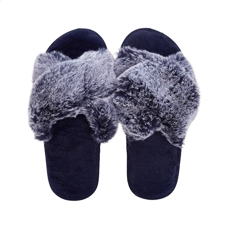 Furry Slipper House Blue Women Winter Cross Fluffy Fur Home Slide Flat Indoor Floor Shoes Ladies Flip Flops 241223