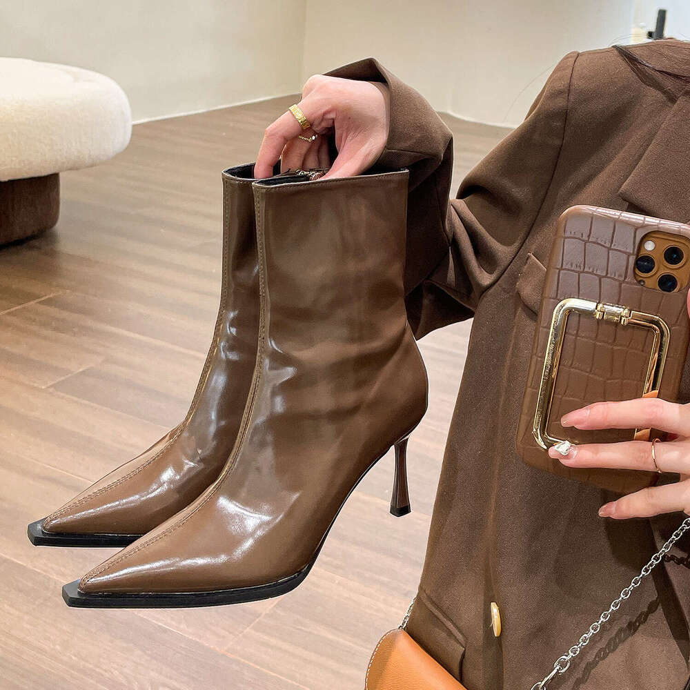 New Style High Heel Shoes with Pointed Short Boots, Lacquer Leather Slimming Boots