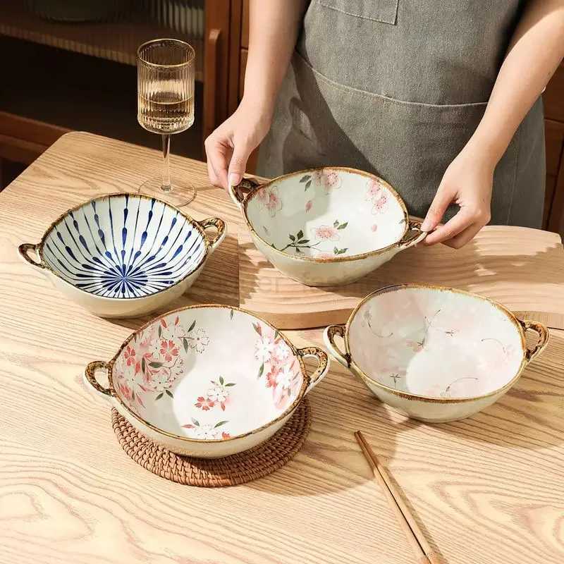 Japanese Household Noodle Bowl 7.5inch Ceramic Soup Bowl With Handle Salad Pasta Bowl Kitchen Tableware Microwave Oven BakwareB240727