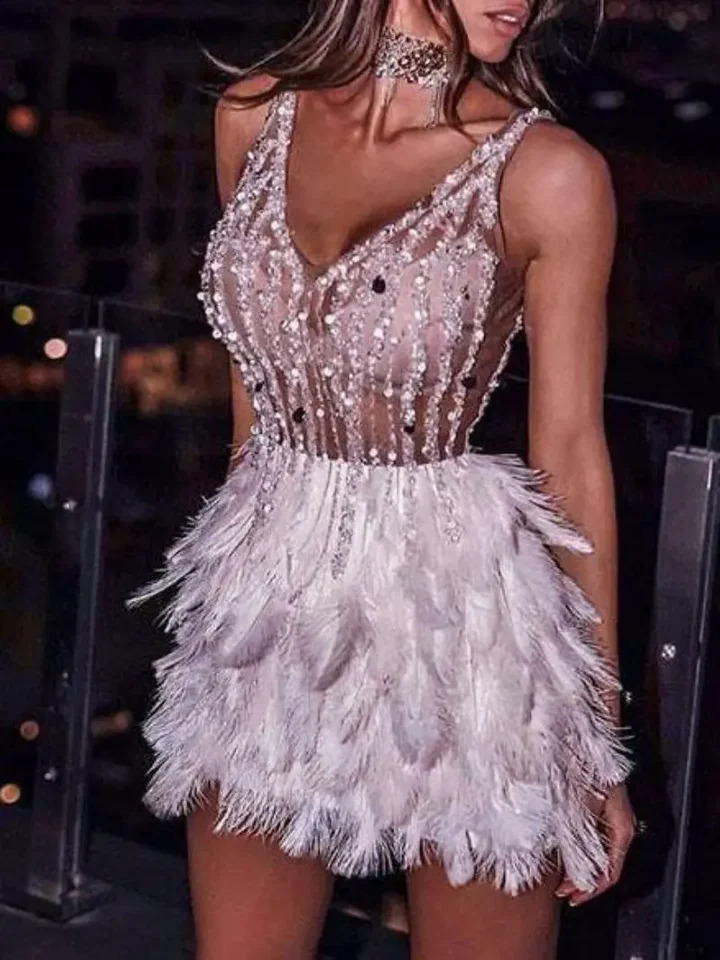 Sexy Feather Vneck Slim Short Dress Women Fashion Evening Gown Dresses Elegant Party 240627