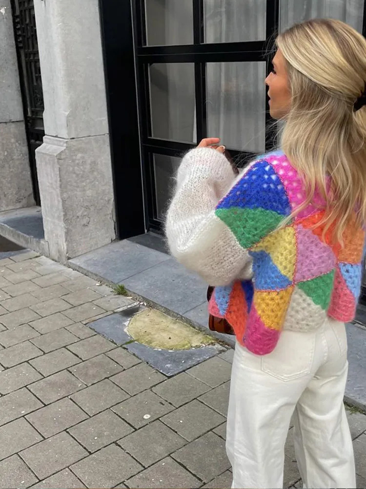 Sleeve Patchwork Female Sweaters Elegant Casual Lady Top Hollow Out Colorful Kint Cardigan Women Sweater Autumn Long Puff 240717