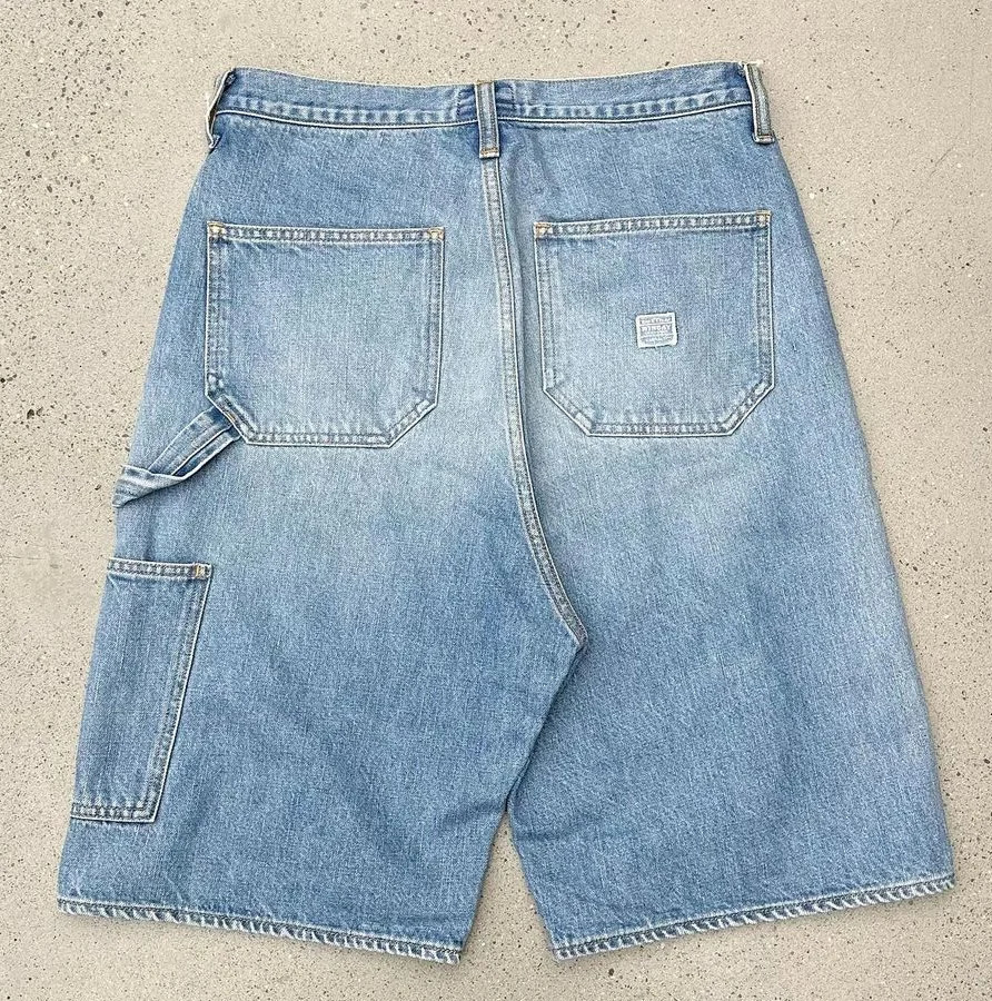 American street retro Harajuku pocket nostalgic wideleg denim shorts summer versatile straight casual loose jeans trend 240717