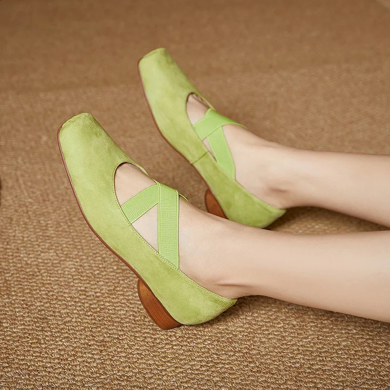 ALA Rising|LEH Leather Handmade Pig Mouth Ballet Shoes With Cross Heel Sheepskin Mary Jane Womens Square Head 240718