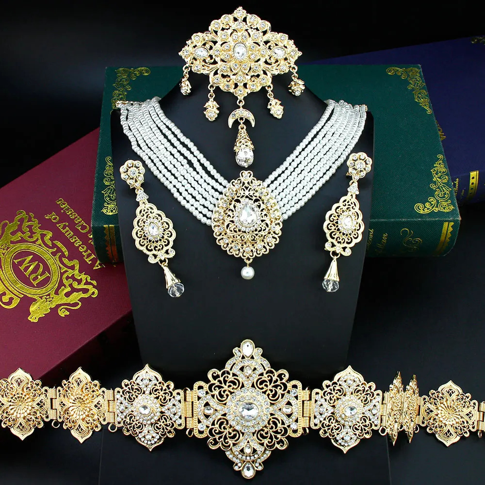 Sunspicems Moroccan Bride Jewelry Set suitable for women Caftan belt beading necklace pendant Brooch long earrings 240710
