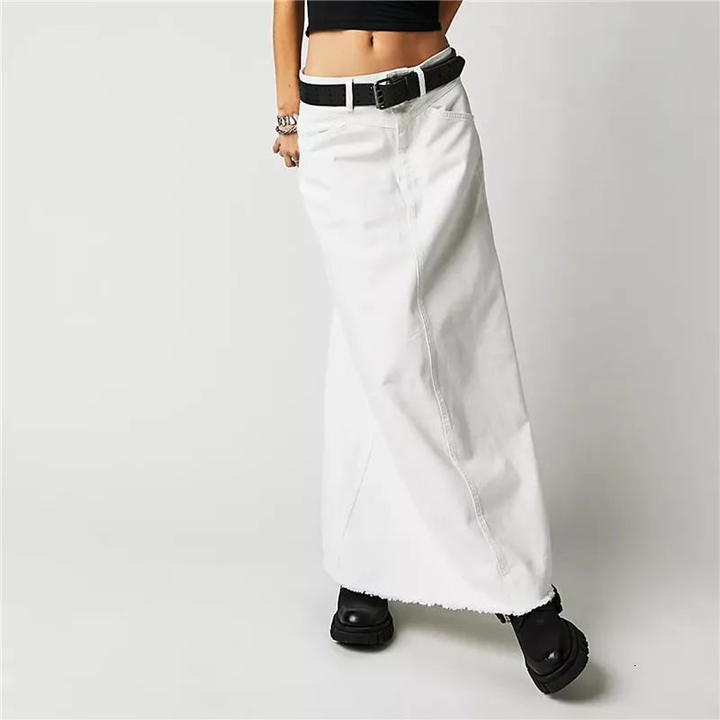 Vintage Women Denim Maxi Skirt Raw Hem A-Line Jean Skirt Casual Y2K Fashion High Waisted Long Denim Skirt with Pockets 240715