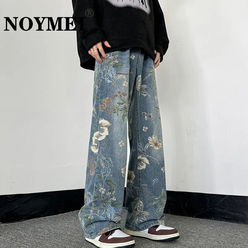 NOYMEI Mens Spring Trousers Wide Leg Pants Denim Trendy Simple Printing Straight Jean High Street All-match WA4104 240716