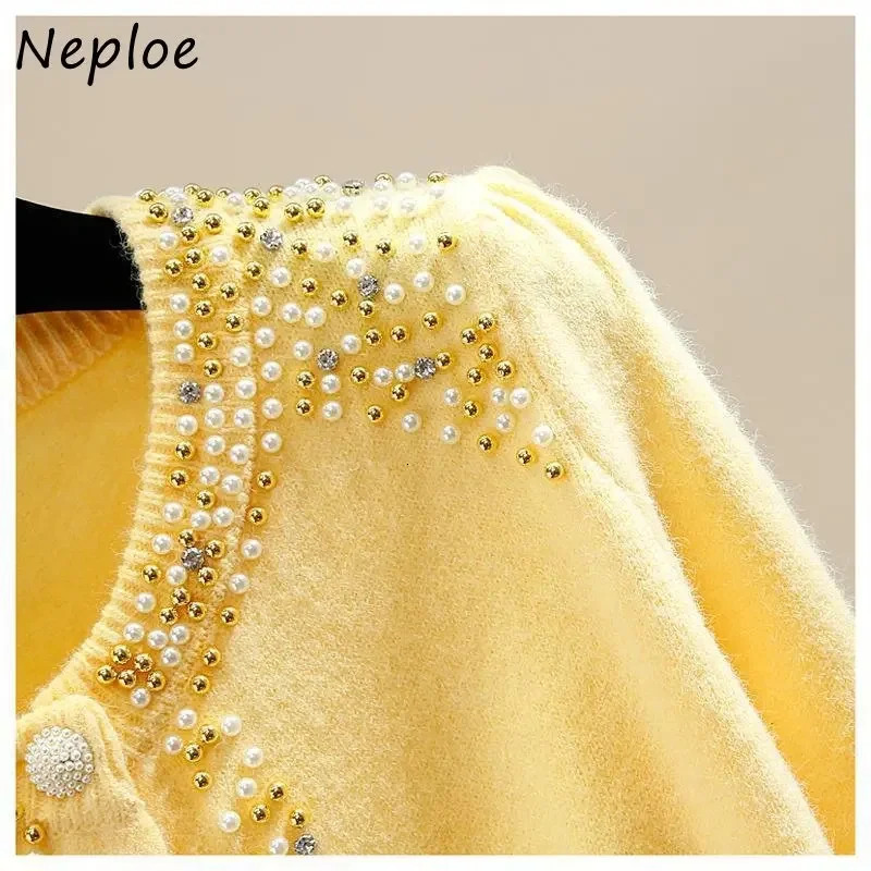 Neploe O Neck Beading Diamonds Outerwear Autumn Solid Color Long Sleeve Single-breasted Sweater Y2k Clothes Cardigan Women 240717