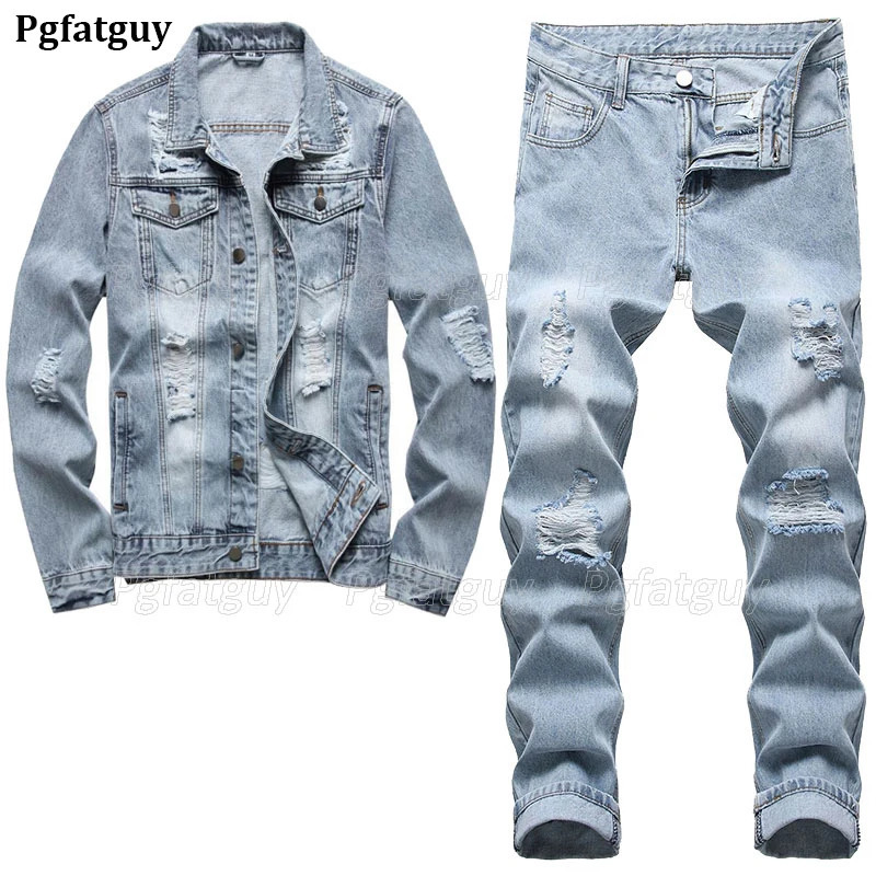 Simple Casual Men 2 Piece Sets Ripped Hole Slim-fit Long Sleeve Denim Jacket Matching Jeans Light Blue Spring Summer Ropa Hombre 240715