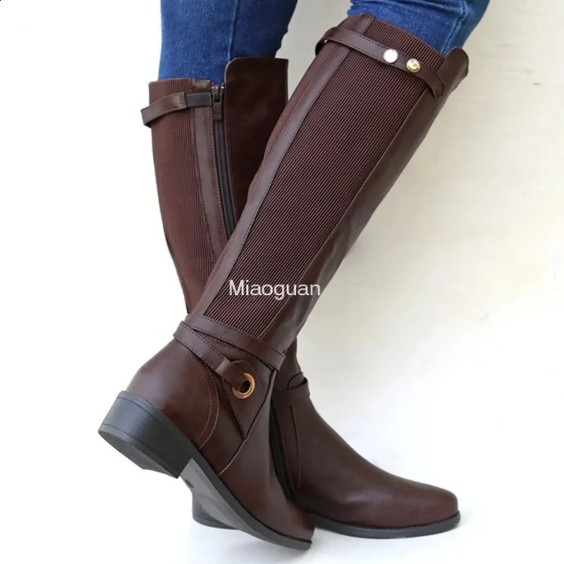 Womens Chunky Heel PU Leather Boots Long Booties Knee High for Ladies Autumn Winter Gothic Shoes Slouchy Woman Wide Calf 240718