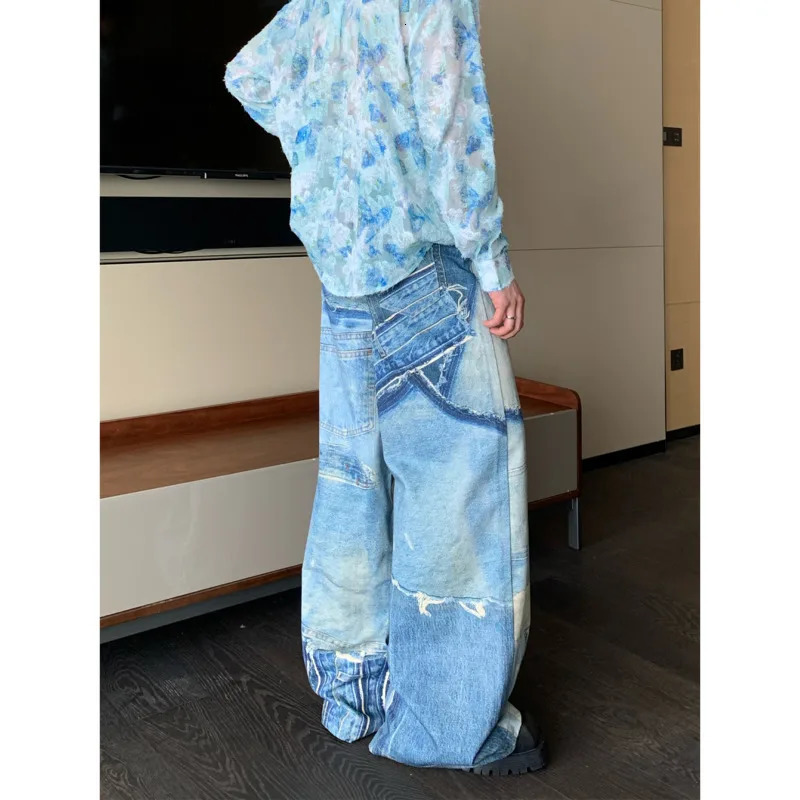 NOYMEI Vintage Style Spring Mens Denim Jean Printing Patch Decoration High Street Trendy Trousers Male Pants WA3971 240716
