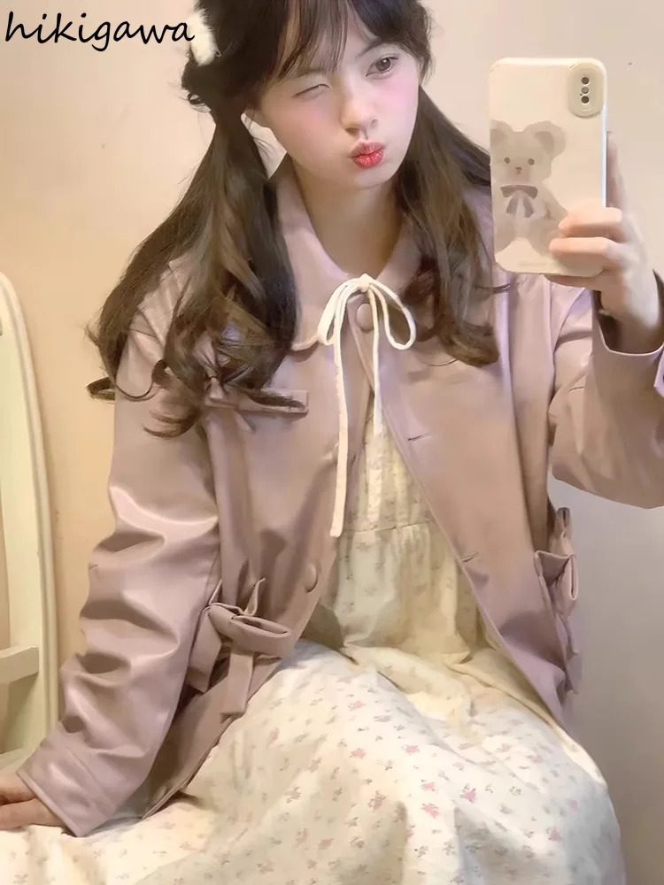 Vintage Leather PU Woman Jackets Japanese Fashion Outwear Ropa Mujer Sweet Bow Pink Coat Casual Y2k Coat Women Clothes 240717