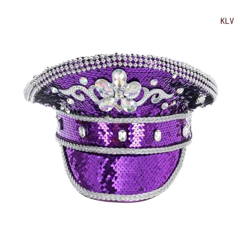 Sequins Bride Hat for Sailing Party Glitter Captain Cap Music Festival Women Cosplay Cap Goggle Captain Hat 6XDA 240715