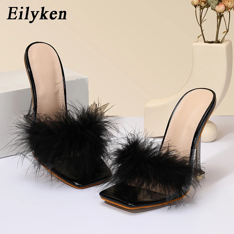 Eilyken 2024 PVC Shoes Slippers Woman Feather Transparent High Heels Fur Pumps Square toe Mules Lady Slides 240719