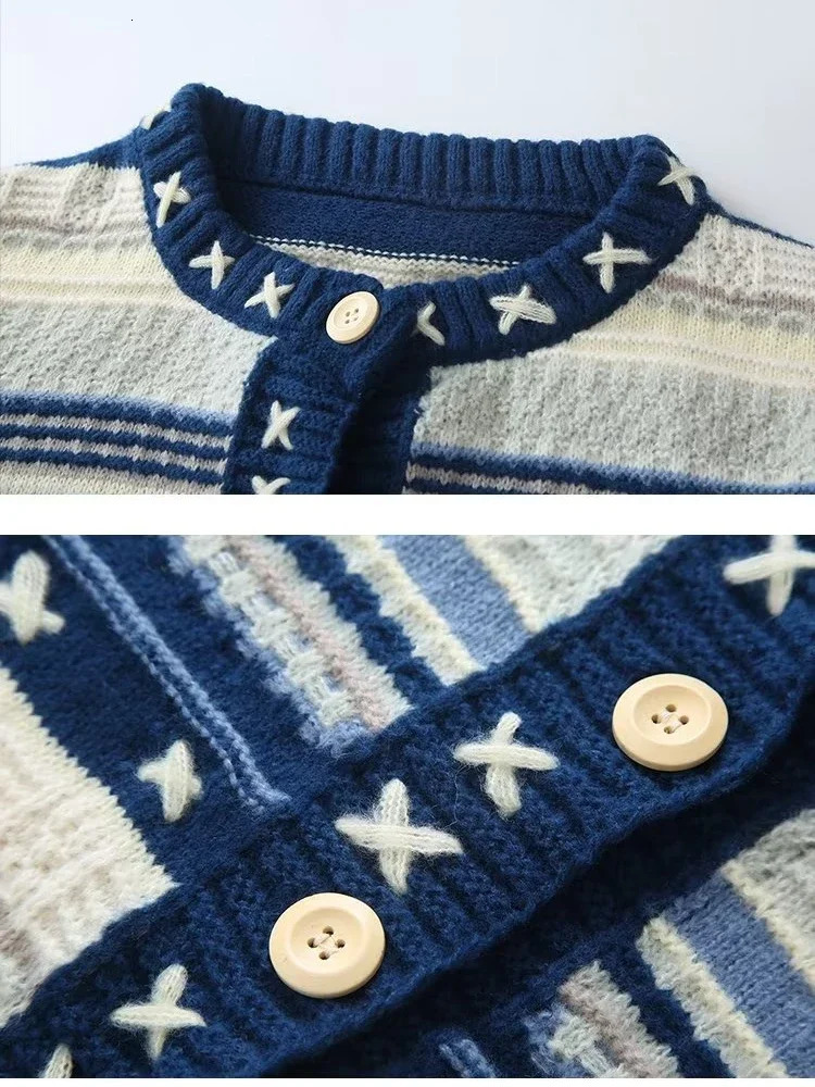 HOUZHOU Vintage Cardigan Sweater Men Blue Long Sleeve Striped Sweater Coat V-neck Casual Knitted Jumpers Male Korean Clothes 240715