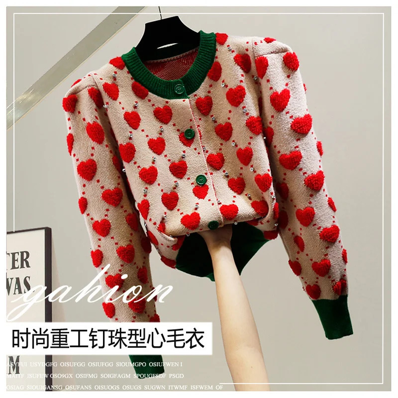 Embroidery Sweater Autumn Winter Heavy Industry Nail Bead Love Jacquard Color Block Bubble Sleeve Sweater for Womens Cardigan 240717