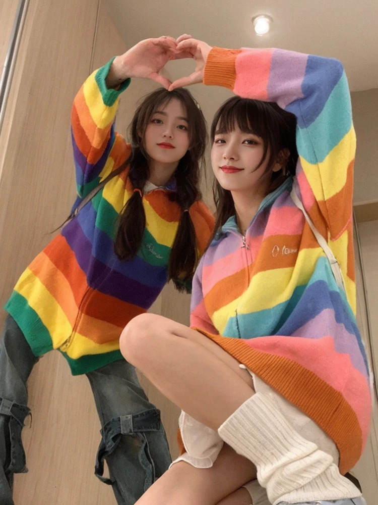 Colorful Cardigan Women Autumn Baggy Stand Collar American Style sweet Schoolgirl Daily Versatile Fashion Comfortable Chic 240717