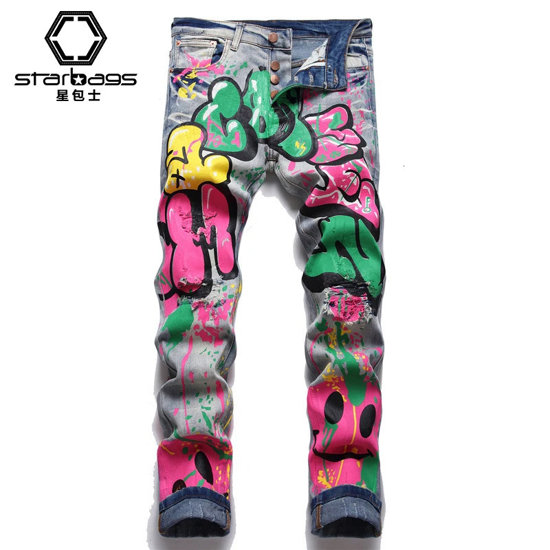 starbags style Punk trend retro blue ripped slim stretch print small feet mens jeans 240716