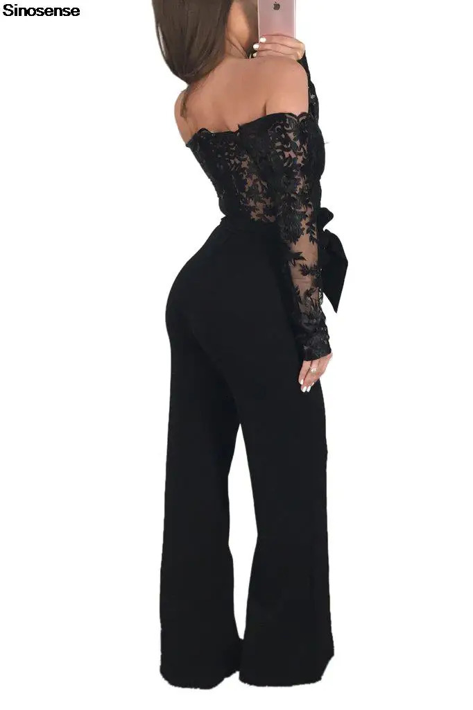 Womens Elegant Off Shoulder Long Pants Wide Leg Jumpsuits Floral Embroidery Lace See Through Cocktail Club Party Evening Rompers 240715