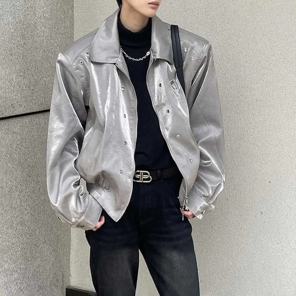 Mens Leather Outerwear Y2k Clothes Trend Streetwear Faux Leather Glossy Long Sleeve Jackets Motorcycle Zipper Short Tops Coat 240716