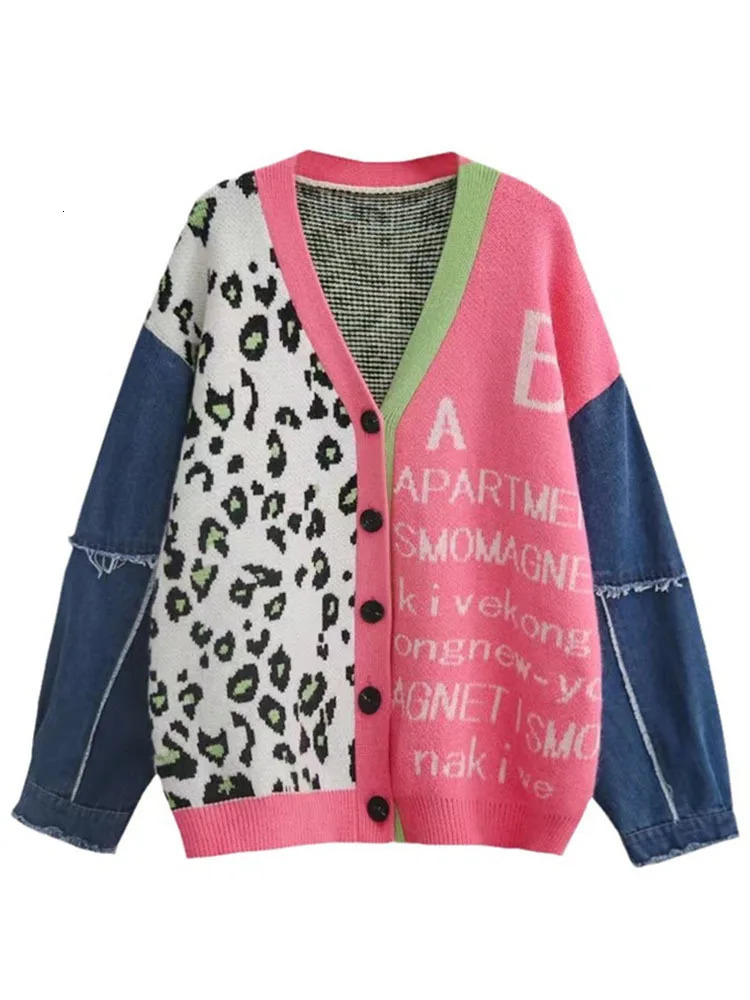 UCXQ Temperament Denim Spliced Contrast Color Leopard Jacquard Sweater Cardigan Womens Loose Knitted Jacket Autumn 410 240717