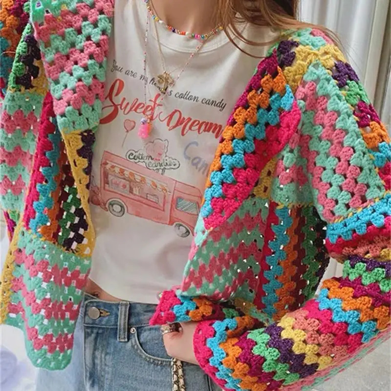 Colorful Knit Stitch Hollow Out Cardigan Oversize Women Open Front Long Sleeve Bohemian Sweater Fall Streetwear Coats T310 240717