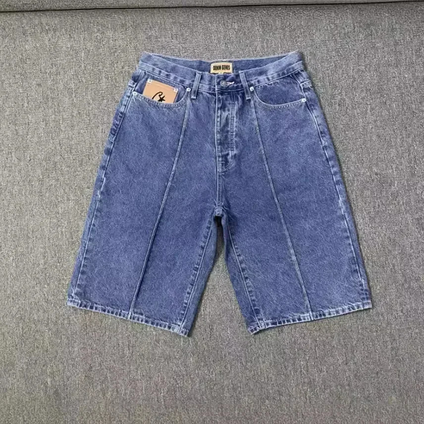 Star Embroidered Jeans Mens Street Dance Patch Work Washing Harajuku Retro Fashion Shorts Casual Sports Pants 240722