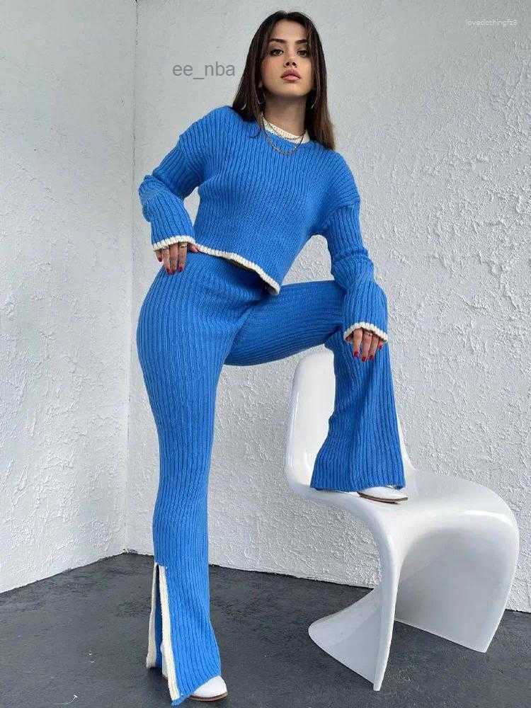 Womens Two Piece Pants Tracksuits Split Up Pullover Sweater Wide Leg Suit 2024 Autumn Casual Elegant Streetwear Color Block Knitted Women C260312