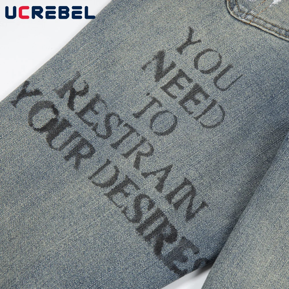 Letter Print Washed Distressed Jeans Mens Graffiti High Street Pocket Loose Denim Flare Pants Men Trousers 240716