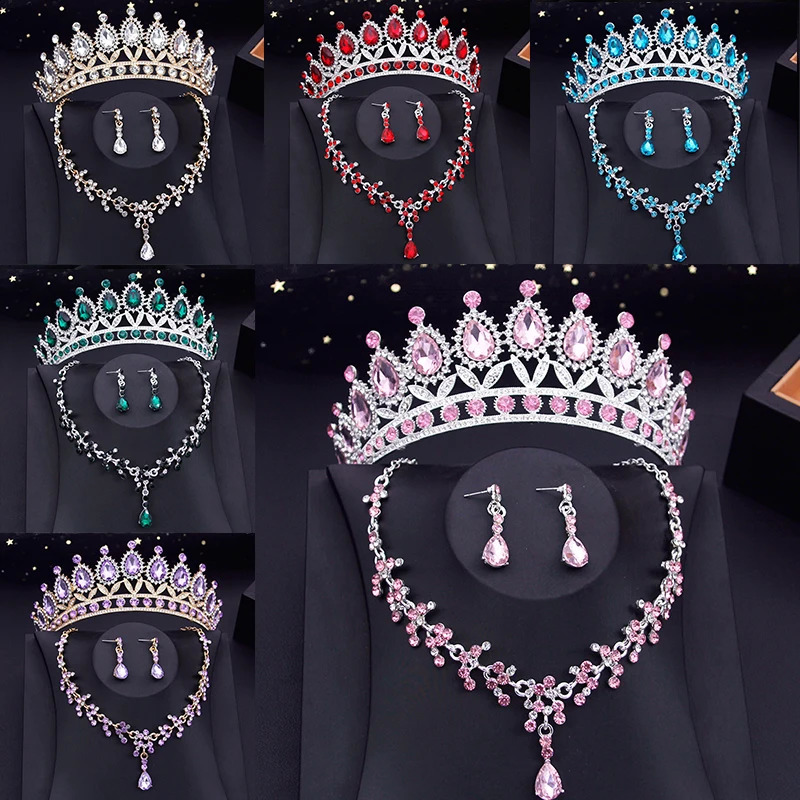 15 colors of bride jewelry set suitable for womens wedding crown earrings Tiaras set necklace bride crown jewelry set clothing accessories 240710