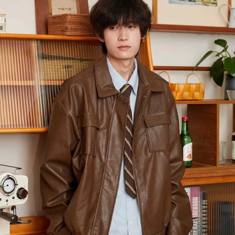 Japanese Mens Leather Jacket Harajuku Retro Motorcycle Loose Couple Coat Big Pocket Lapel Bomber Outwear Y2k Trend 240716