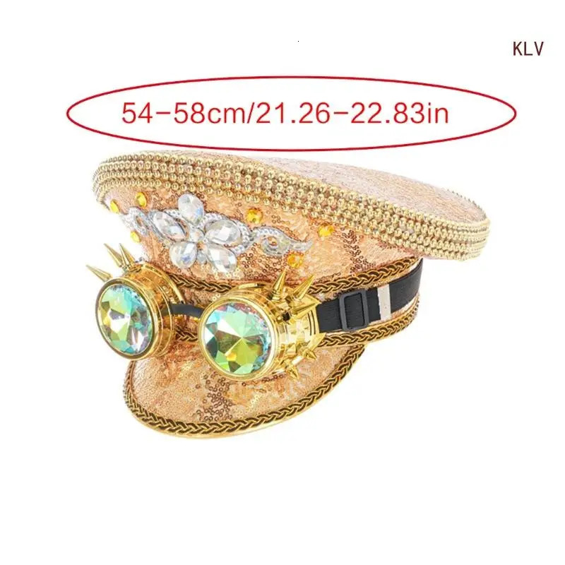 Sequins Bride Hat for Sailing Party Glitter Captain Cap Music Festival Women Cosplay Cap Goggle Captain Hat 6XDA 240715