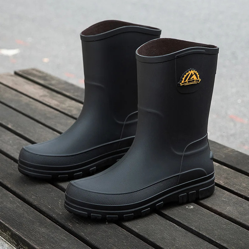 Mens casual waterproof anti slip rain boots middle tube fashionable work rubber shoes buy one size larger for cotton styles 240712