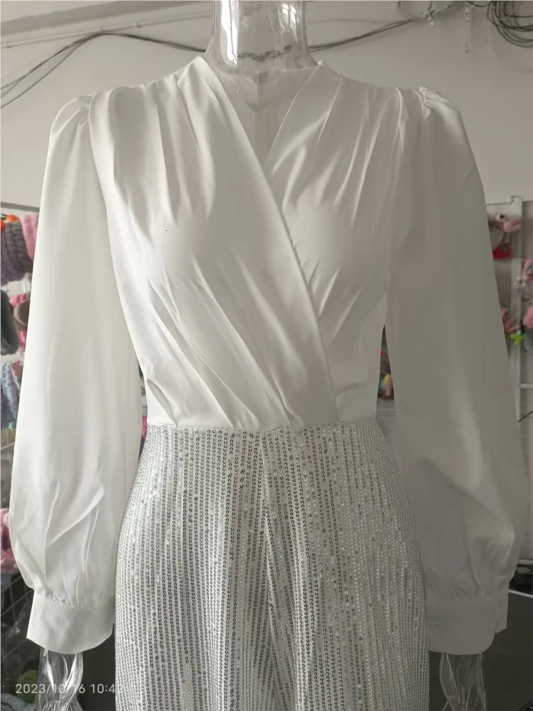 Spring Autumn Solid Color Sexy Deep V Neck Dinner Women Jumpsuit Shirt Sequins Slim Elegant Female Fashion Wide Leg Piece Pants 240715