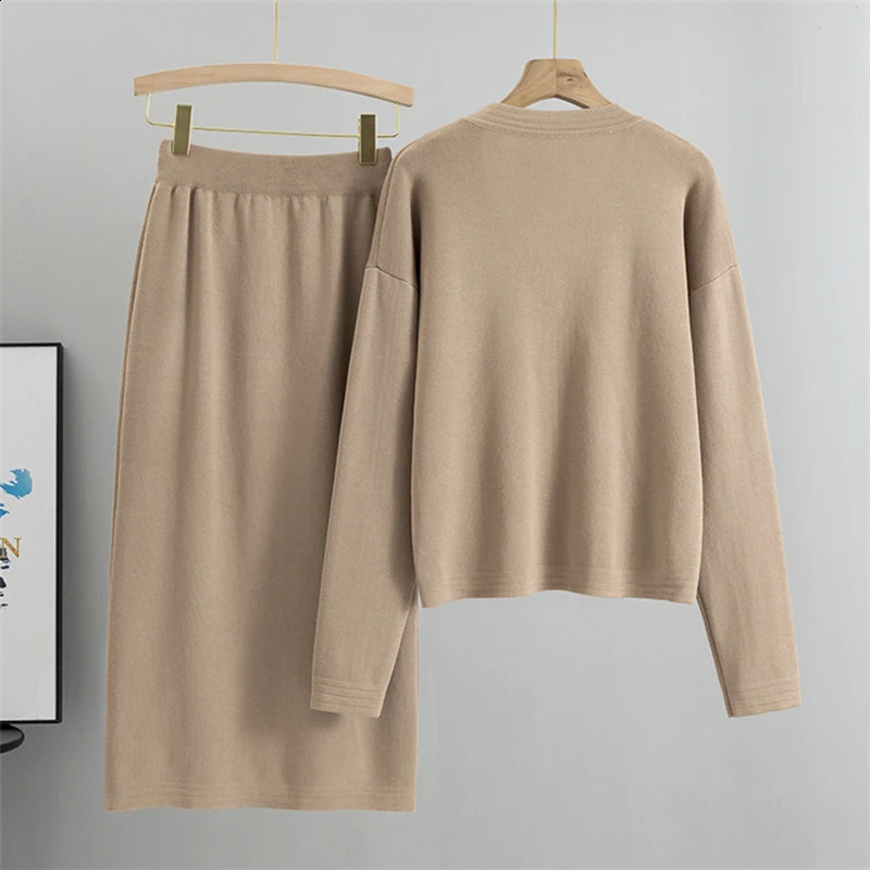 Office Slim Sweater Cardigan Skirts Sets Women Single Breasted Short Knit Tops Coats Suits High Waist Bodycon faldas Conjunto 240712