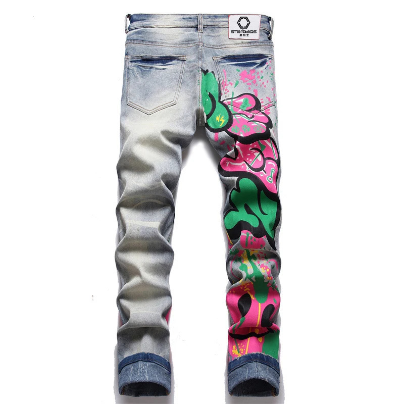 starbags style Punk trend retro blue ripped slim stretch print small feet mens jeans 240716