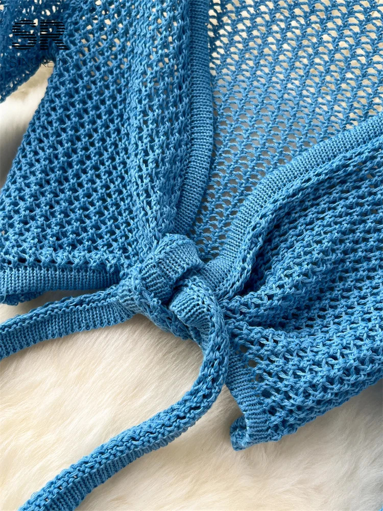 SINGREINY Vacation Two Piece Set Women Long Sleeve V Neck Short Top Adjustable Waist Split Skirt Knit Summer Beach Suit 240712