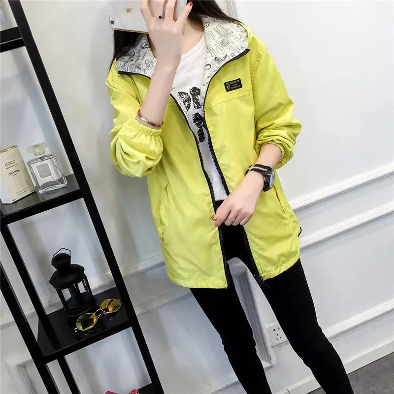 Spring Autumn Fashion Women Jacket Coat Pocket Zipper Hooded Windbreaker Female Casual Outwear Loose Plus Size Tops M57 240711