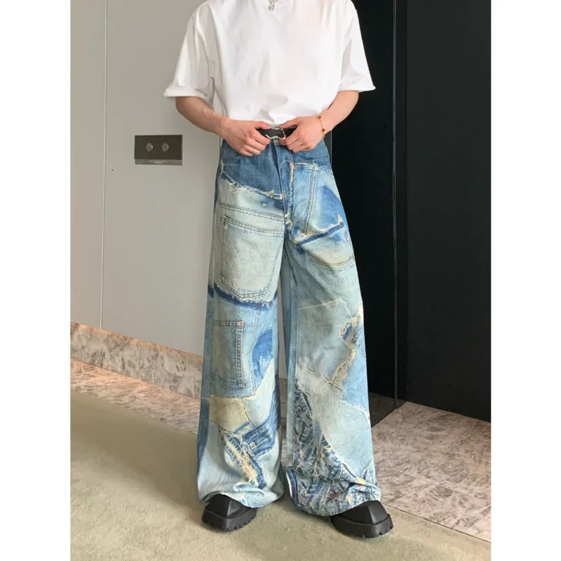 NOYMEI Vintage Style Spring Mens Denim Jean Printing Patch Decoration High Street Trendy Trousers Male Pants WA3971 240716