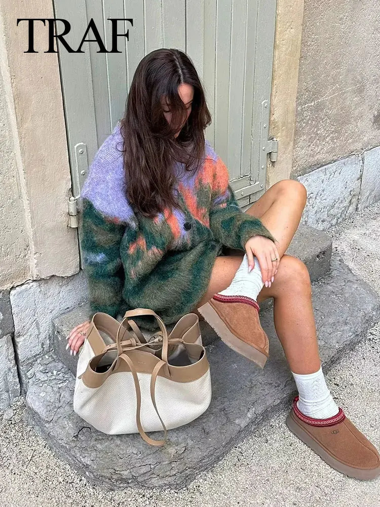 TRAF Fall Female Casual Printed Knitted Cardigan Colorful Loose V Neck Long Sweater High Street Fashion Womans Vintage Coat 240717