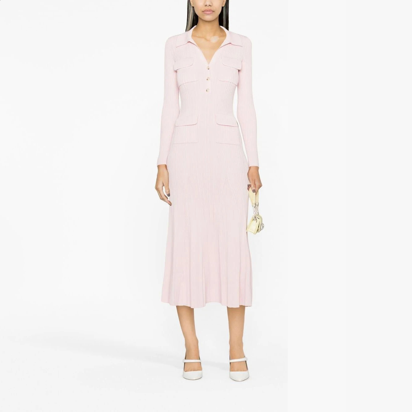 Womens pink knitted medium-length dress senior sense of fashion temperament polo collar waist-skimming long dress 240722