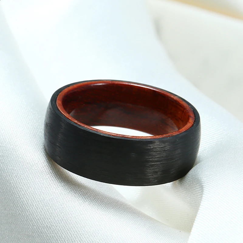 Mens 8mm Domed Pure Carbon Fiber Rings Solid Hawaiian KOA Wood Sleeve Wedding Band Comfort Fit 240713