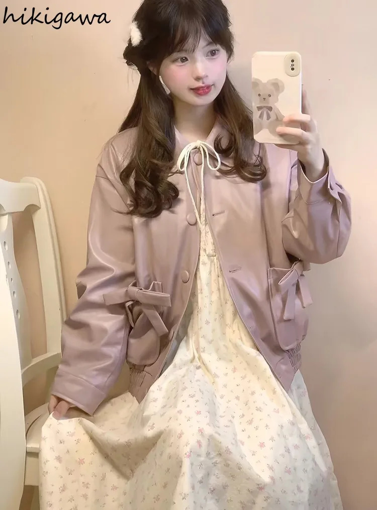 Vintage Leather PU Woman Jackets Japanese Fashion Outwear Ropa Mujer Sweet Bow Pink Coat Casual Y2k Coat Women Clothes 240717