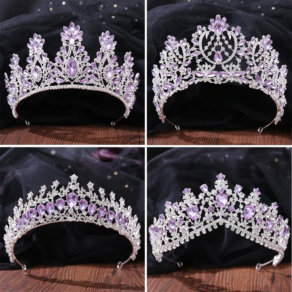 Silver Color Purple Crystal Crowns Bridal Tiaras Fashion Queen Rhinestone Diadem Headpiece Wedding Hair Jewelry Accessories Gift 240713