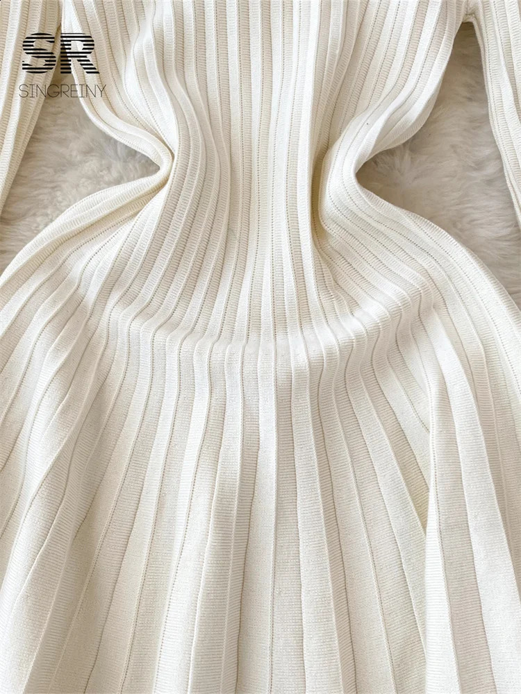 SINGREINY Elegant Knit Pleated Mini Dress Women Soft Ribbed Solid Flare Sleeve Fashion Lady Casual Sweater Slim Dresses 240712