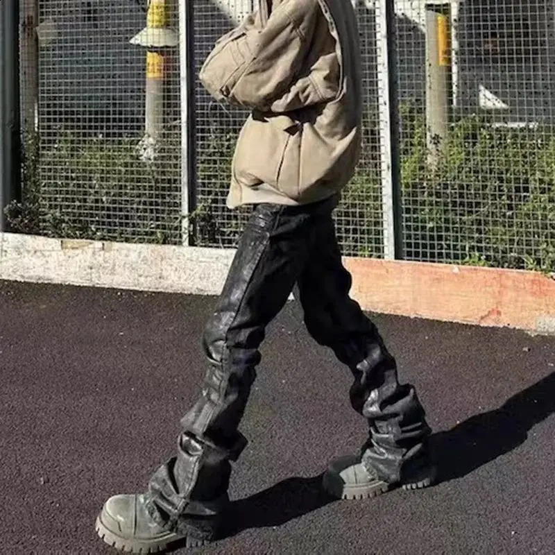 HOUZHOU High Street darkwear Flare Jeans for Men Y2k Pantalones Hombre Leather Pants Oversized Denim Trousers Brushed Sparkling 240722