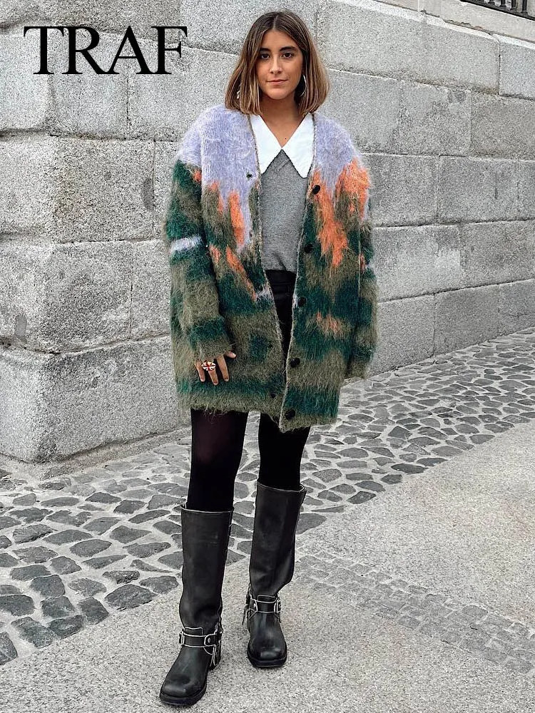TRAF Fall Female Casual Printed Knitted Cardigan Colorful Loose V Neck Long Sweater High Street Fashion Womans Vintage Coat 240717