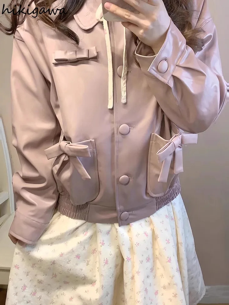 Vintage Leather PU Woman Jackets Japanese Fashion Outwear Ropa Mujer Sweet Bow Pink Coat Casual Y2k Coat Women Clothes 240717