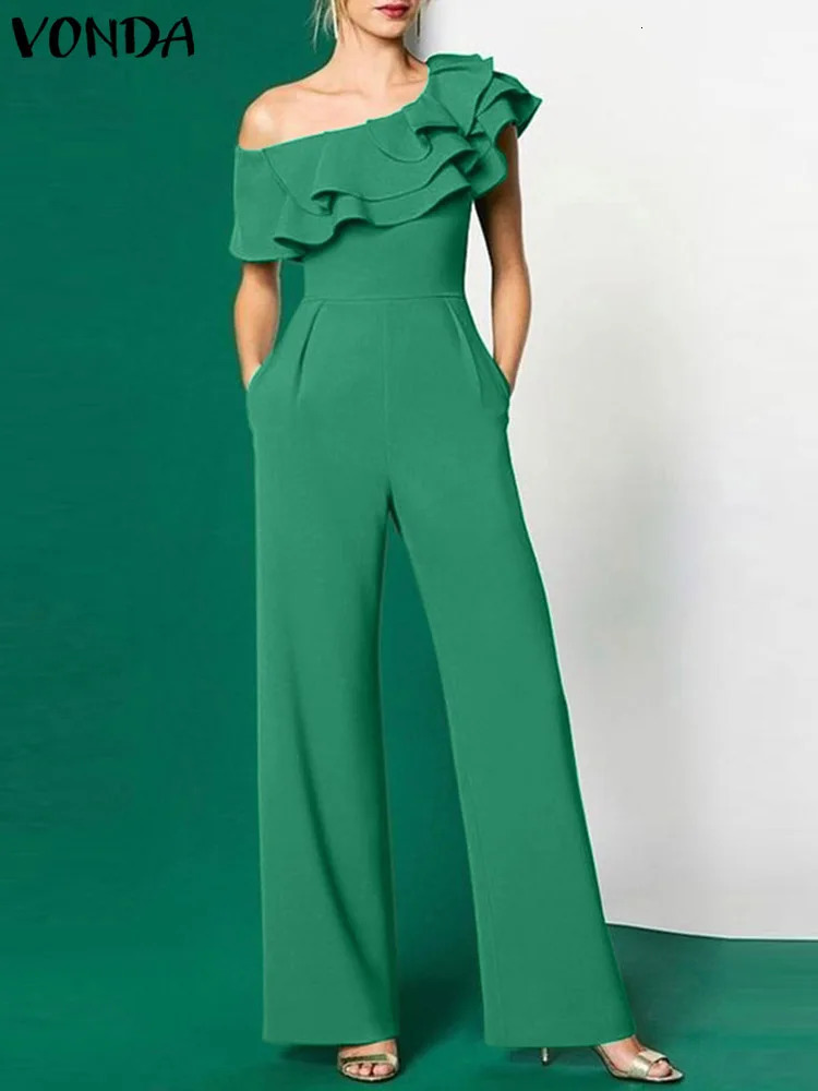VONDA Elegant Jumpsuits Long Rompers 2024 Women Summer Casual Solid Color Ruffled Sexy Off Shoulder Fashion Office Overalls 240715